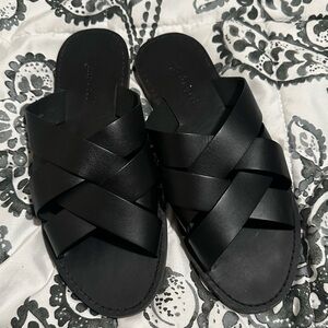 Madewell Black Leather Cross-Strap Slide Sandals